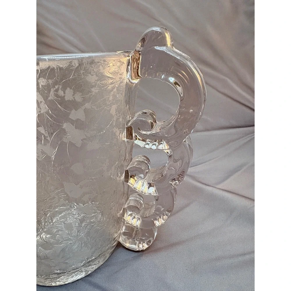 Vintage Clear Frosted Ice Crackle Glass Vase Scrolled Handles Art Deco 7in